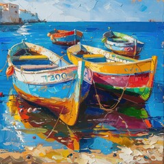 Colorful Hand Painted Fishing Boats Resting on Sunlit Shoreline, Reflecting Vibrant Patterns in the Water - A Cheerful Homage to Traditional Fishing Practices