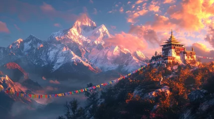 Papier Peint photo autocollant Himalaya A serene temple adorned with colorful prayer flags stands against the backdrop of majestic snowy mountains illuminated by the sunrise. Resplendent.