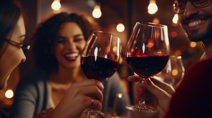 close up of Happy friends toasting red wine glasses at diner party