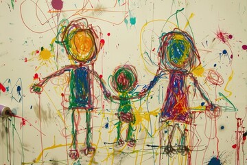 The hand drawing colourful picture of the group of the human family that has been drawn by the colored pencil, crayon or color chalk on the white background that seem to be drawn by the child. AIGX01.