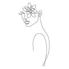 Woman with Flowers Line Art Vector Drawing. Style Template with Female Face with Flowers. Modern Minimalist Simple Linear Style. Beauty Fashion Design