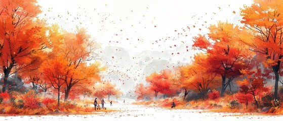 Natural autumn background with villagers on a picnic, people on vacation in the park and trees. Drawing from the hand. - obrazy, fototapety, plakaty