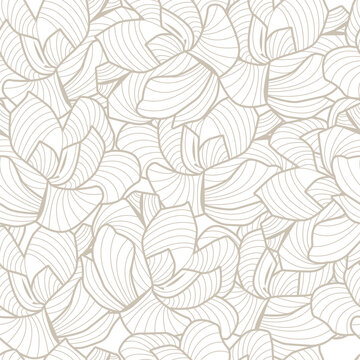 Floral Seamless Pattern with Leaves Linear Style. Hand Drawn Elegant Botanical Outline Design Template. Vector Minimalist Background for Textile, Fabric, Invitations, Cards, Postcards, Social Media.