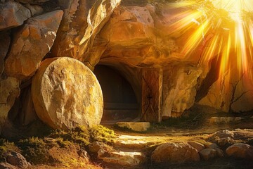 Resurrection Dawn at Christ's Empty Tomb. Easter Sunday Illustration - Christ is Risen.
 - obrazy, fototapety, plakaty
