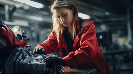 Fototapeta na wymiar Female worker assembling engines on a vehicle assembly line in the automotive industry