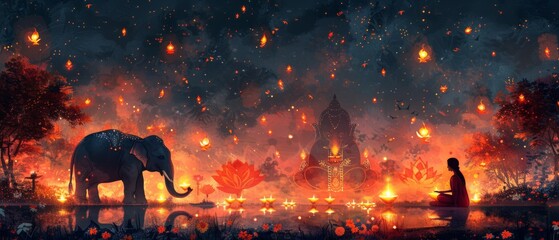 Happy Diwali. Indian festival of lights. Modern abstract flat illustration for background or poster with lights, elephant, Indian woman, and other objects.