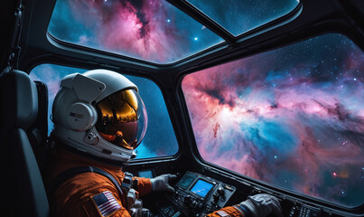 cockpit of a spacecraft, a lone astronaut gazes out the window at the breathtaking sight of a nearby nebula, vibrant colors swirling in the vastness of space, accompanied by a mix of excitement and se