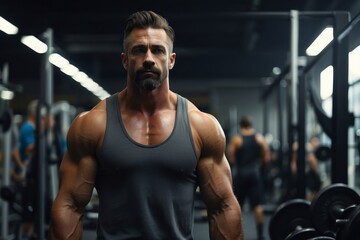 Fototapeta premium male bodybuilder lifting barbell in gym to train muscle strength and body fitness