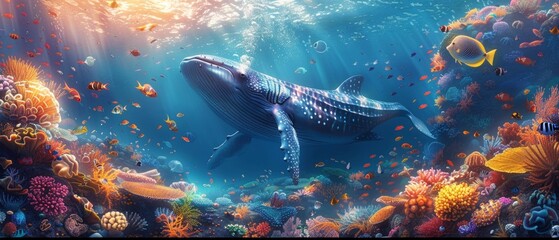 An underwater world! This set of posters includes various fish, octopuses, crabs, submarines, stingrays, whales, narwhals, seashells, starfish, seaweed, water plants. - obrazy, fototapety, plakaty
