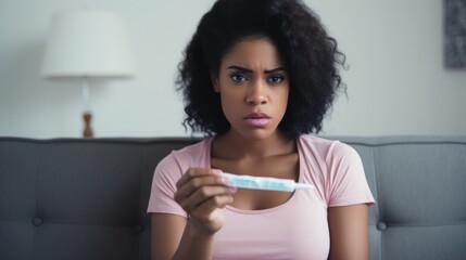 Frustrated and sad young african american woman crying sitting on sofa at home and holding negative pregnancy test