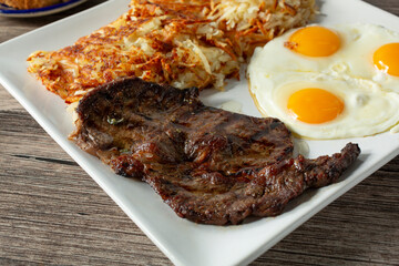 A view of a steak and eggs breakfast plate.