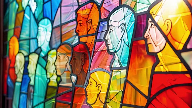 A detailed view of a colorful stained glass window inside the universitys chapel depicting scenes from the universitys founding and notable achievements.