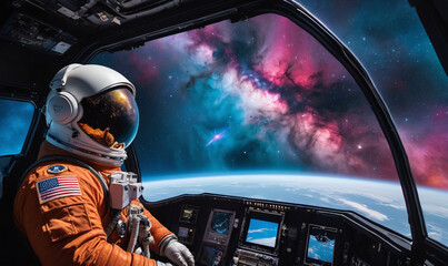 cockpit of a spacecraft, a lone astronaut gazes out the window at the breathtaking sight of a nearby nebula, vibrant colors swirling in the vastness of space, accompanied by a mix of excitement and se - obrazy, fototapety, plakaty