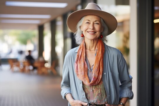Portrait of smiling senior woman in hat with hand in pocket at cafe