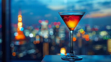 A vibrant cocktail in a martini glass is set against a blurred cityscape at twilight, with glowing city lights creating a bokeh effect. - obrazy, fototapety, plakaty