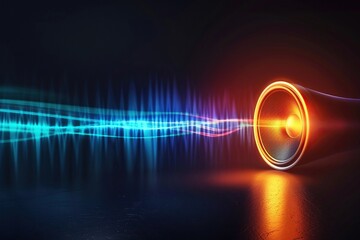 single sound speaker and blasting soundwaves on a pure black background, blueorangemagenta glowing colors, center aligned