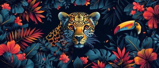 An abstract jungle illustration with animals (sloth, snake, leopard, parrot toucan), leaves, spots, objects and textures. Hand painted for a poster, card, or background.
