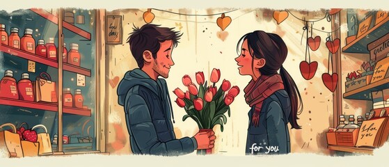 It's Valentine's Day! February 14. Modern illustrations of a couple in love, a bouquet of flowers, a storefront, a background with objects, and the word "for you".