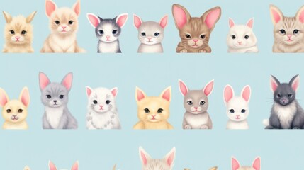 Tiger, cat, rabbit illustration design with blue background and flowers and leaves.