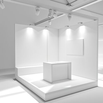 simple trade show booth, white color scheme, mockup, blank wall, table, straight on, front view, 3D