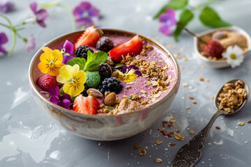 A refreshing smoothie bowl filled with colorful fruits, vegetables, and superfoods, garnished with nuts, seeds, and edible flowers, inviting indulgence in wholesome plant-based goodness.