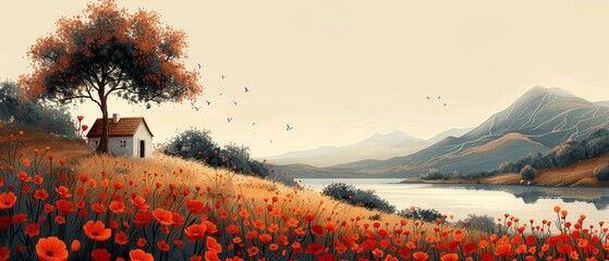 House, lake, village, tree, flowers. Modern illustration for poster or background.