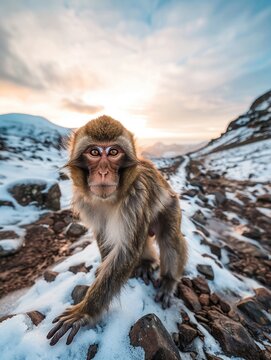 Monkey, front, full body, panorama, snowy sky, rich details and colors, photography style, realistic picture, bright light, 8K, UHD