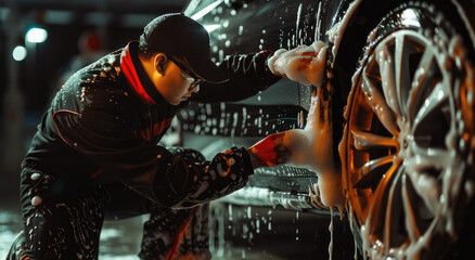 A man in black and red , wearing glasses with a cap is washing the wheels of his shiny car in white...