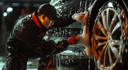 Foto op Canvas A man in black and red , wearing glasses with a cap is washing the wheels of his shiny car in white foam on a dark background. He looks focused while doing it © Kien