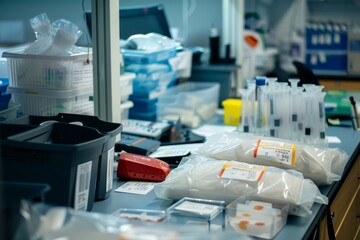 A forensic laboratory with fingerprint analysis equipment, DNA profiling tools, and evidence bags labeled with case numbers, Generative AI