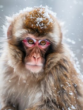 Monkey, front, full body, panorama, snowy sky, rich details and colors, photography style, realistic picture, bright light, 8K, UHD