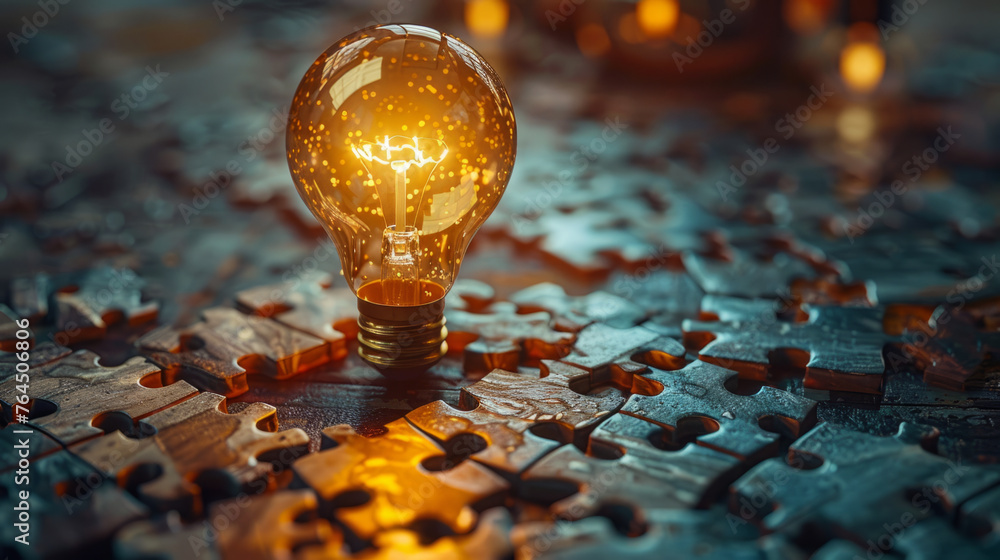 Poster a glowing light bulb stands upright amidst a scattered array of interlocking puzzle pieces on a wood