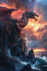 A majestic dragon perched atop a rugged cliff, with a dramatic sunset and ocean waves crashing below.