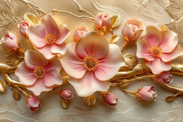 frangipani flowers on wooden background, 3D branches of golden arabesque-style flowers on a gold background.