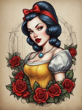 Artistic representation of Snow White with a vintage pin-up twist and tattoos