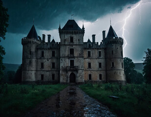 Fototapeta premium An old mysterious abandoned castle illuminated by bright lightning during the night rain.