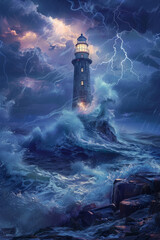 Digital artwork of a lighthouse standing resolute amidst tumultuous sea waves under a stormy sky illuminated by lightning