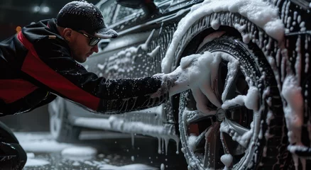 Fotobehang A man in black and red , wearing glasses with a cap is washing the wheels of his shiny car in white foam on a dark background. He looks focused while doing it © Kien