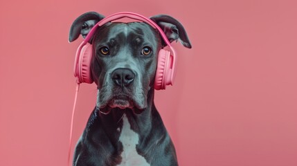 portrait of dark dane in pink headphones on pink background