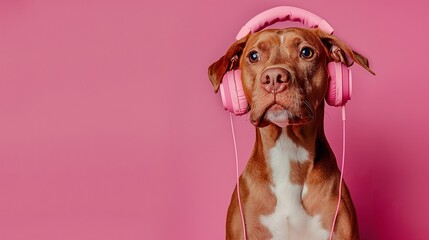 portrait of a vizsla dog in pink headphones on pink background