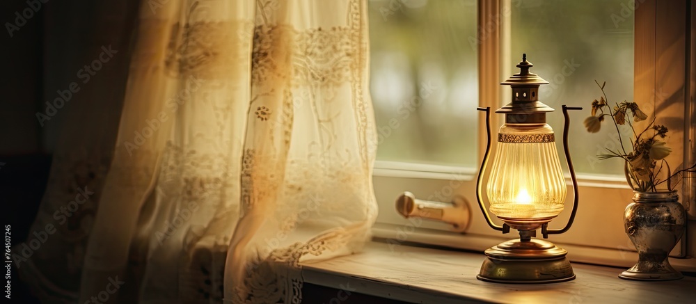 Aufkleber a simple lamp placed on top of a windowsill, casting a soft glow against the background