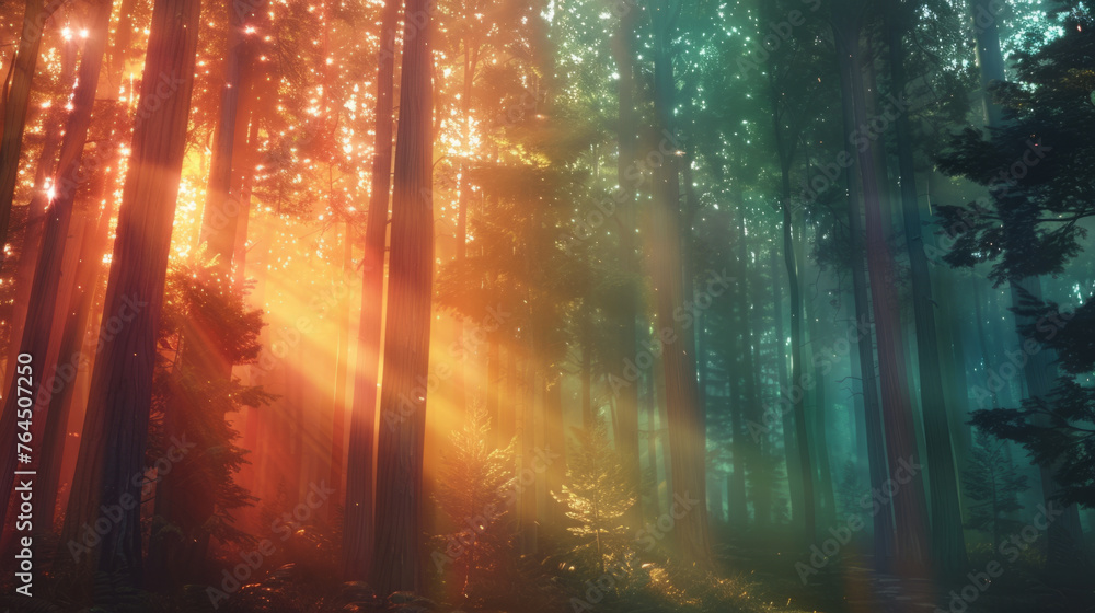 Poster a serene forest scene with sunlight piercing through the dense canopy of tall trees, illuminating th