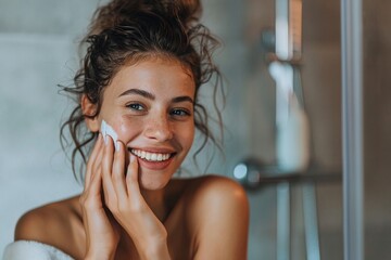 beautiful woman, 28 years old, smiling, touching her face bathroom, - obrazy, fototapety, plakaty
