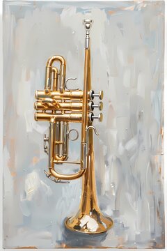  Oil painting of Trumpet Classical music instrument, set against a minimalist soft grey background,art work for wall art, home decor and wallpaper 