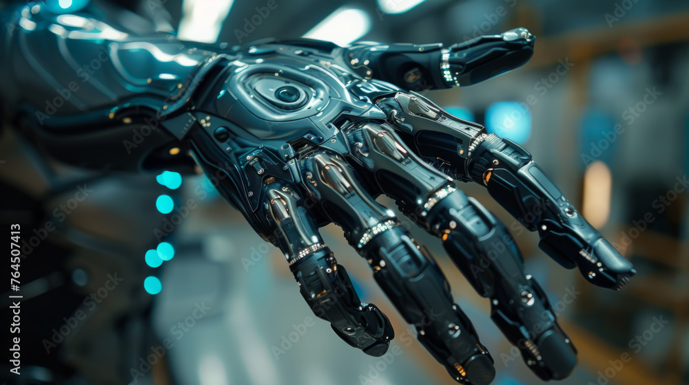 Poster close-up of a highly detailed robotic hand with an illuminated body in the background, showcasing ad