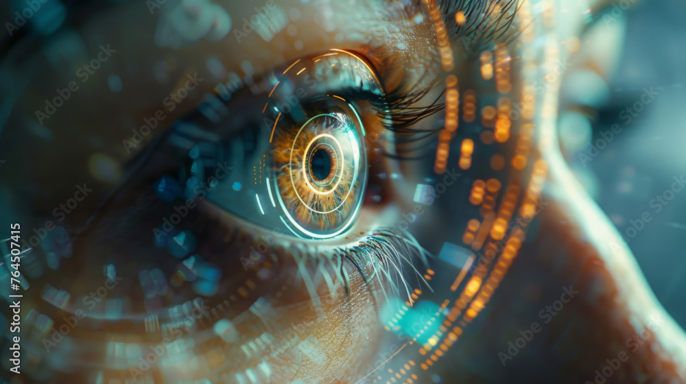 Poster close-up of a human eye with augmented reality interface elements and digital data graphics overlayi