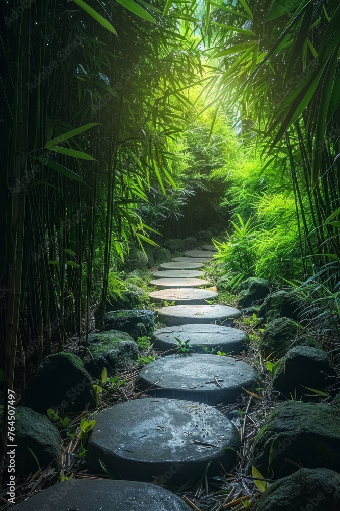 Poster a serene garden pathway lined with round stepping stones surrounded by lush green bamboo and foliage