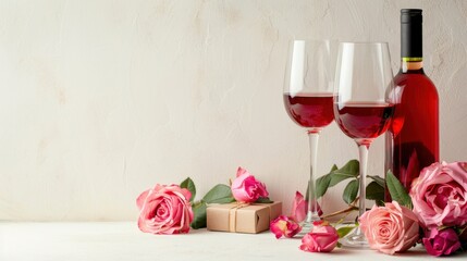 Wine glasses with bottles on the table, pink flowers. ,blushed grapes in a wine shop, Copy Space white background. - obrazy, fototapety, plakaty