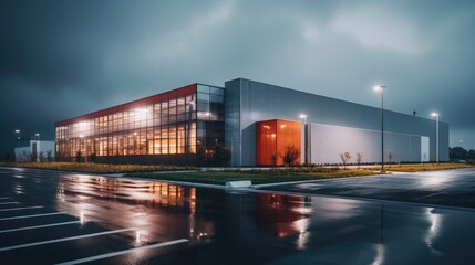 Modern sleek warehouse office building facility exterior architecture, steel, night, cloudy, overcast