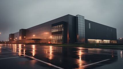 Modern sleek warehouse office building facility exterior architecture, steel, night, cloudy, overcast